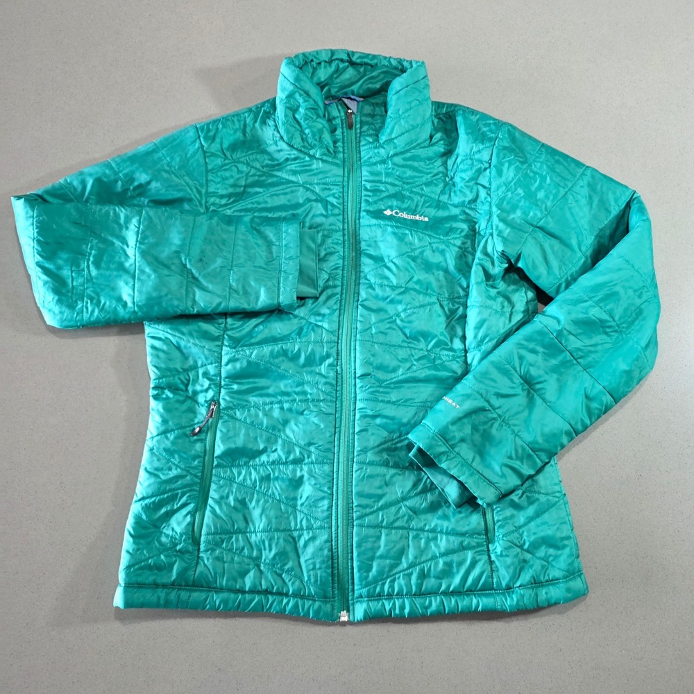 Columbia Omni-Heat Puffer Jacket Womens Large Teal Green Quilted Full Zip Coat